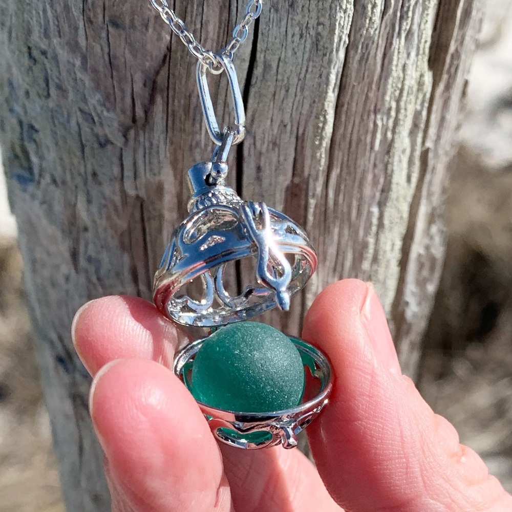 Sea Glass Marble Aromatherapy Locket Necklace